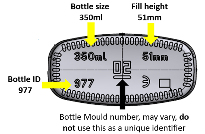 Identifiers on the base of the bottle, showing bottle size of 350ml, fill height of 51mm and bottle ID as 977