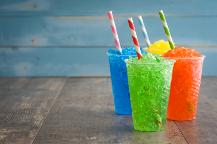 Green, blue and red slush ice drinks